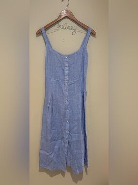 Angela Mara NWOT Light Blue 100% Linen Made in Italy Midi Dress Front Buttons XL